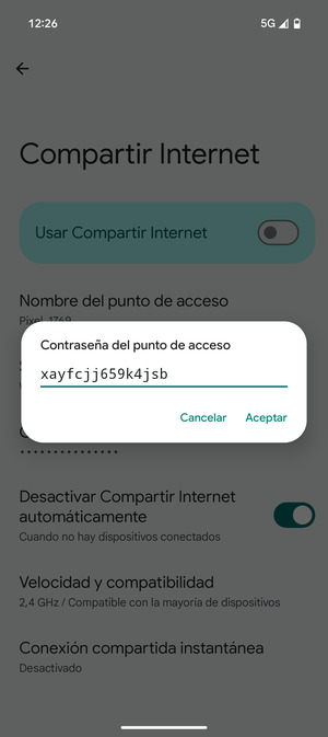 Introduzca una contraseña de punto de acceso Wi-Fi de al menos 8 caracteres y seleccione Aceptar
