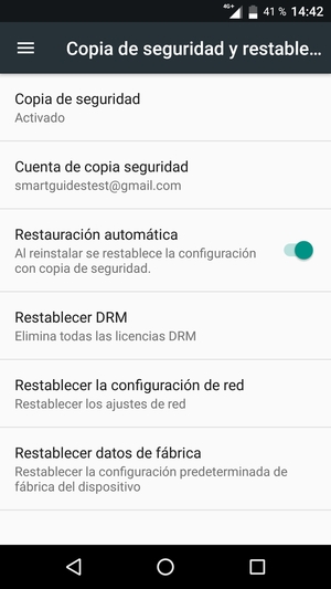 Vuelva al menú Copia de seguridad y restablecer y seleccione Cuenta de copia seguridad