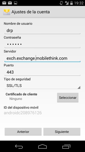 Introduzca Nombre de usuario y la dirección de servidor Exchange. Seleccione Siguiente