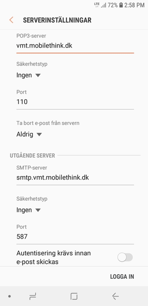 Stäng av Autentisering krävs innan e-post skickas och välj LOGGA IN