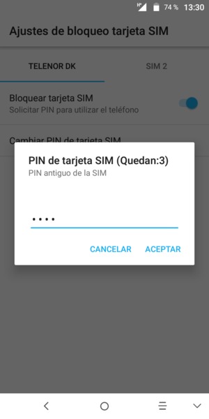 Introduzca su PIN de la tarjeta SIM antiguo y seleccione ACEPTAR