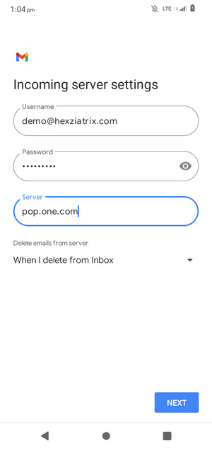 Enter Username and Incoming server address. Select NEXT