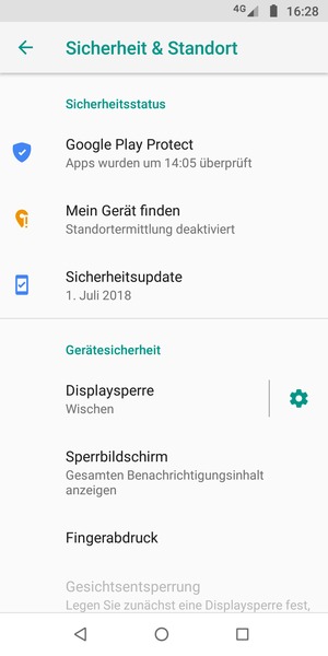 Um Ihre Bildschirmsperre zu aktivieren, gehen Sie zum Sicherheit & Standort Menü und wählen Sie  Displaysperre
