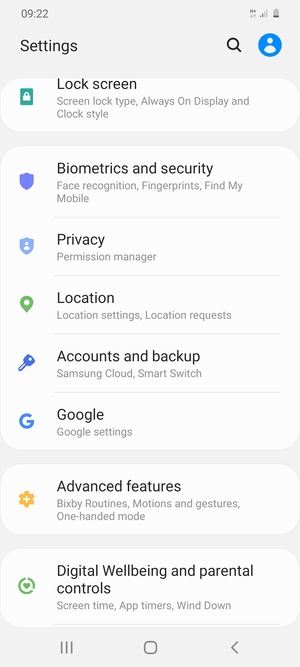 Scroll to and select Accounts and backup