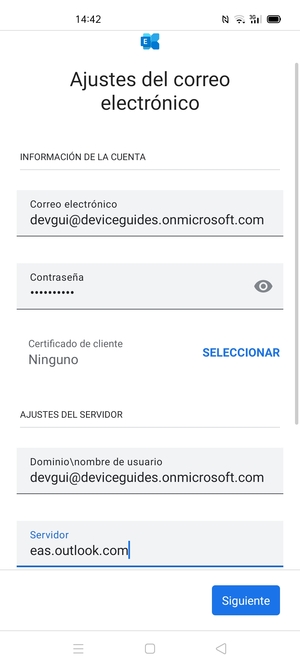 Introduzca Nombre de usuario y la dirección de servidor Exchange. Seleccione Siguiente