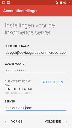 Voer Gebruikersnaam en Exchange serveradres in. Selecteer VOLGENDE