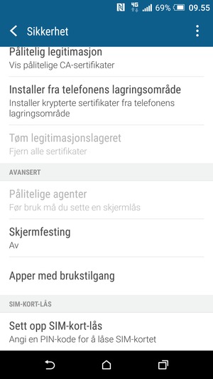 For å bytte PIN-koden til SIM-kortet, gå tilbake til Sikkerhet-menyen og bla til og velg Sett opp SIM-kort-lås