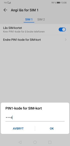 Skriv inn Gammel PIN-kode for SIM-kort og velg OK