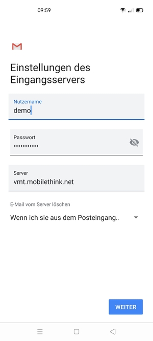 Geben Sie Benutzername und die Server-Adresse für eingehende Post ein. Wählen Sie WEITER