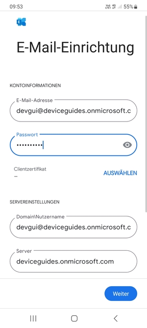Geben Sie Benutzername und Exchange Server-Adresse ein. Wählen Sie Weiter