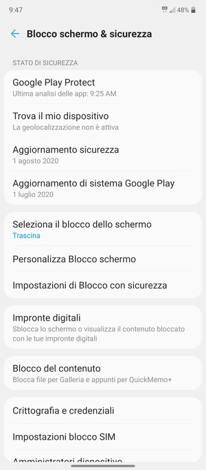 Seleziona Seleziona il blocco dello schermo