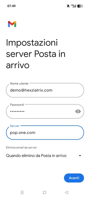 Inserisci Nome utente e l'indirizzo del server di posta in arrivo. Seleziona Avanti