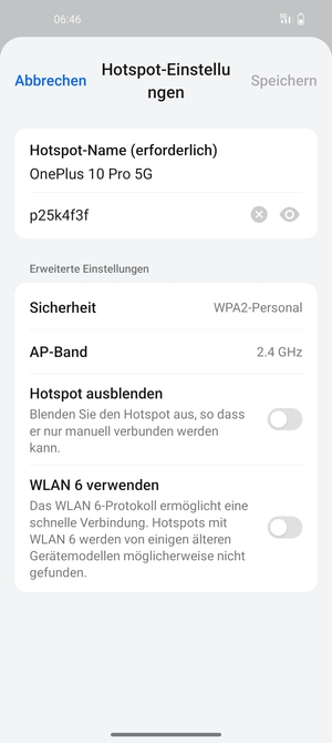 Geben Sie eine WLAN-Hotspot-Passwort mit mindestens 8 Zeichen ein und wählen Sie Speichern