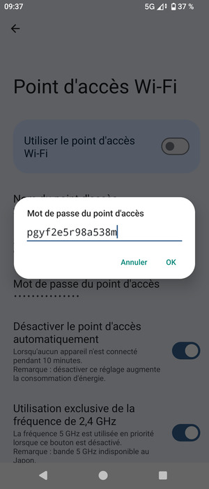Saisissez un mot de passe de hotspot Wi-Fi d'au moins 8 caractères et sélectionnez OK