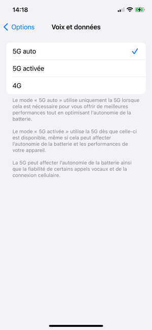 Pour activer la 5G, sélectionnez 5G auto ou 5G activée