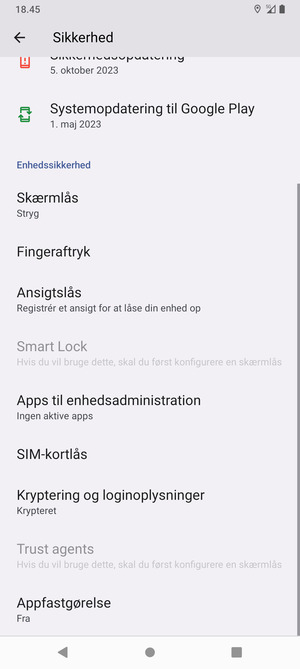 For at ændre PIN-koden til sim-kortet, gå til menuen Sikkerhed og  vælg SIM-kortlås