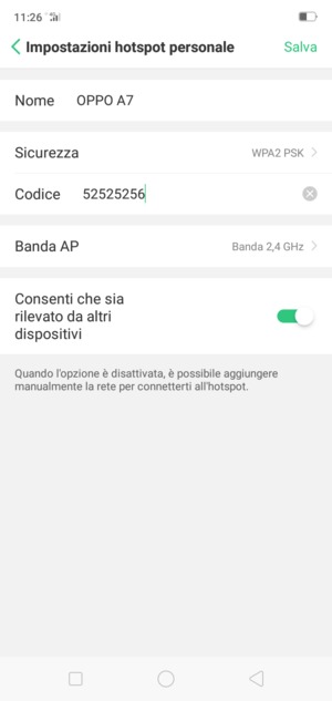 Inserisci una password dell'hotspot Wi-Fi di almeno 8 caratteri e seleziona Salva