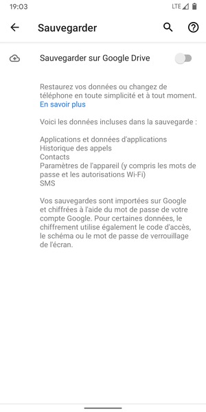 Activer le Sauvegarder sur Google Drive