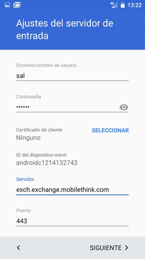 Introduzca Nombre de usuario y la dirección de servidor Exchange. Seleccione SIGUIENTE