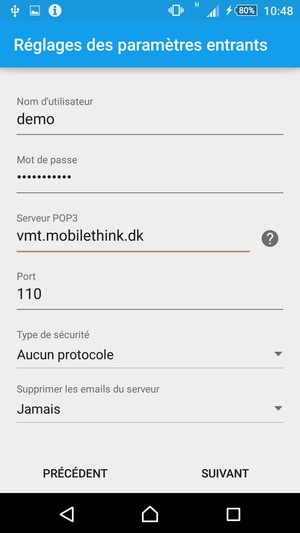 Saisissez votre Nom d'utilisateur et l'adresse du serveur entrant. Sélectionnez SUIVANT