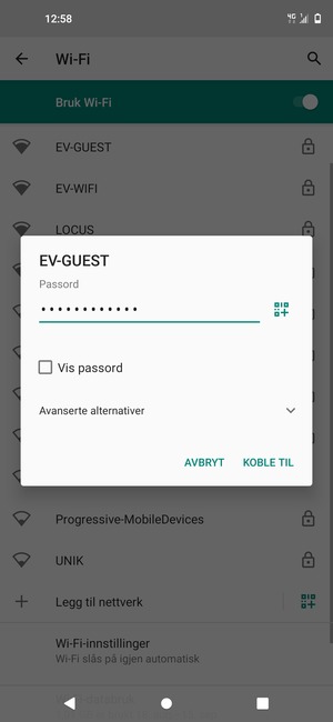 Skriv inn Wi-Fi-passord og velg KOBLE TIL