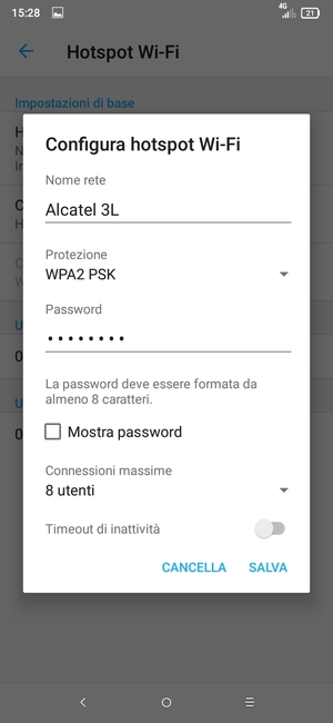 Inserisci una password dell'hotspot Wi-Fi di almeno 8 caratteri e seleziona SALVA