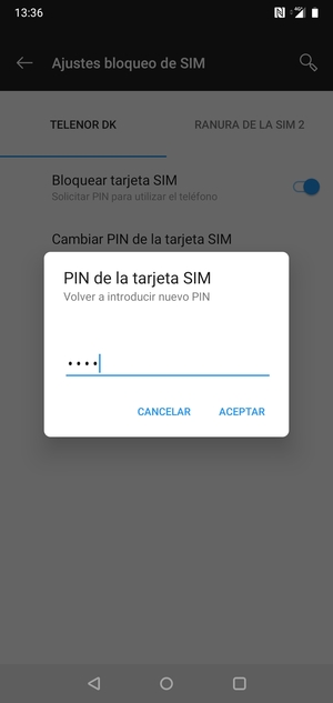 Confirme su nuevo PIN de tarjeta SIM y seleccione ACEPTAR