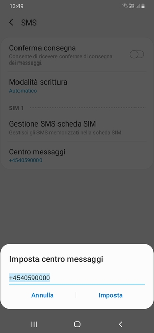 Inserisci il numero di Centro messaggi e seleziona Imposta