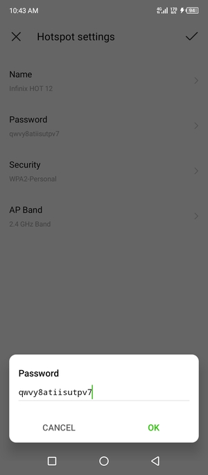 Enter a Wi-Fi hotspot password of at least 8 characters and select OK