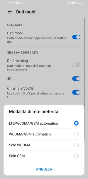 Seleziona WCDMA/GSM automatico per abilitare 3G e LTE/WCDMA/GSM automatico per abilitare 4G