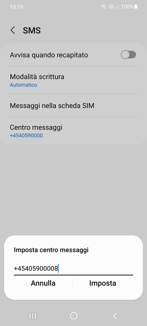 Inserisci il numero di Centro messaggi e seleziona Imposta