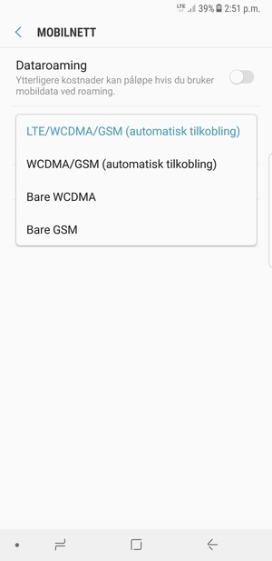 Velg Bare GSM for å aktivere 2G