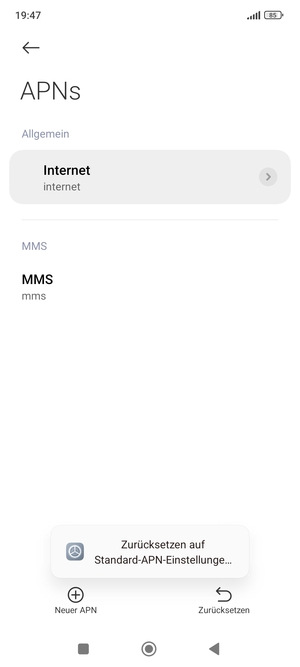 Ihr Handy wird auf Standard-Einstellungen für Internet und MMS zurückgestellt