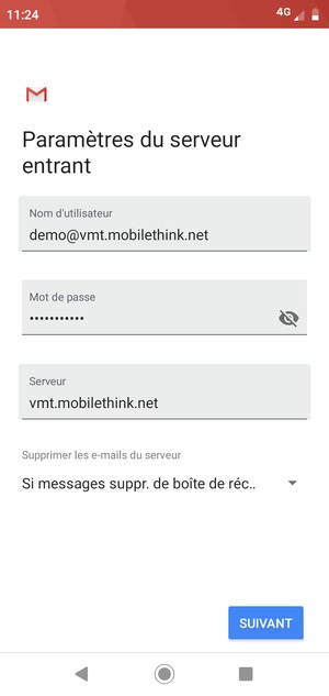 Saisissez votre Nom d'utilisateur et l'adresse du serveur entrant. Sélectionnez SUIVANT