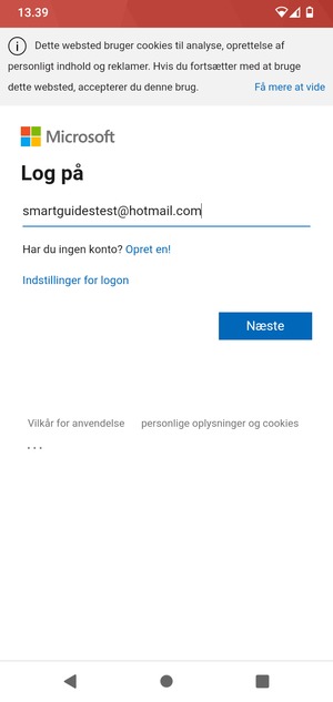 Indtast din e-mailadresse og vælg Næste