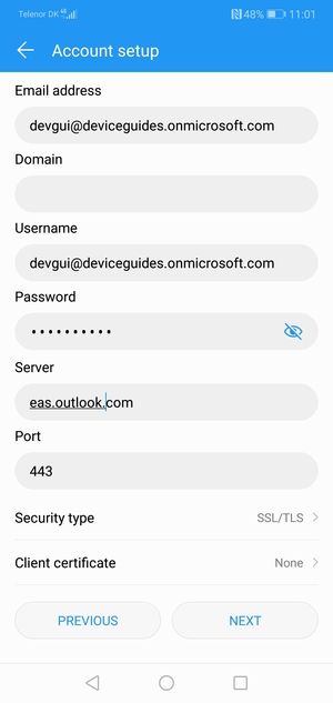 Enter Exchange server address and select NEXT