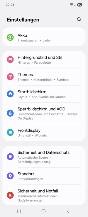 Um Ihre Bildschirmsperre zu aktivieren, gehen Sie zum Einstellungen Menü und wählen Sie  Sperrbildschirm und AOD