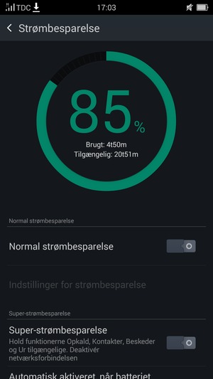 For at aktivere Super-strømbesparelse, vend tilbage til menuen Strømbesparelse