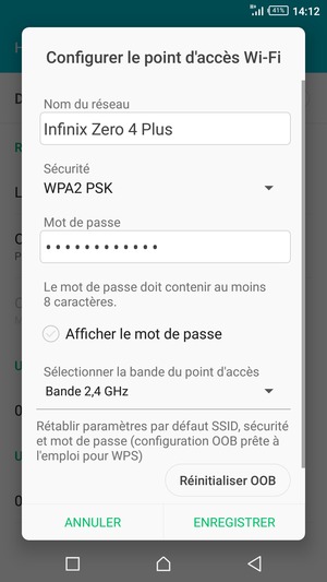 Saisissez un mot de passe de hotspot Wi-Fi d'au moins 8 caractères et sélectionnez ENREGISTRER