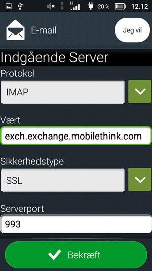 Scroll ned og indtast Exchange serveradressen. Vælg Bekræft