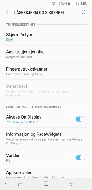 For å aktivere skjermlåsen, gå til Låseskjerm og sikkerhet-menyen og velg Skjermlåstype