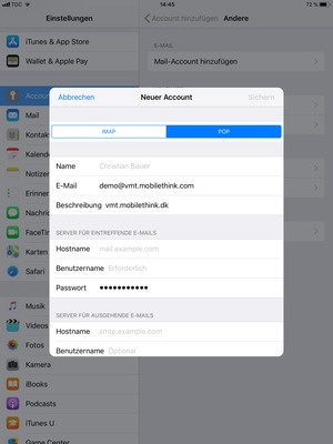 Wählen Sie POP oder IMAP und geben Sie E-Mail-Informationen für SERVER FÜR EINTREFFENDE E-MAILS ein