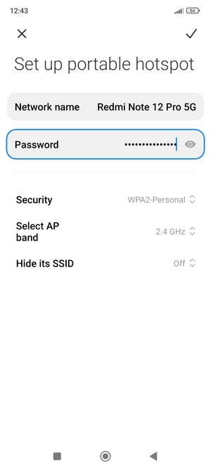 Enter a Wi-Fi hotspot password of at least 8 characters and select SAVE
