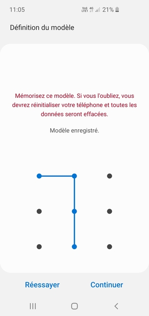 Dessinez un motif de déverrouillage et sélectionnez Continuer
