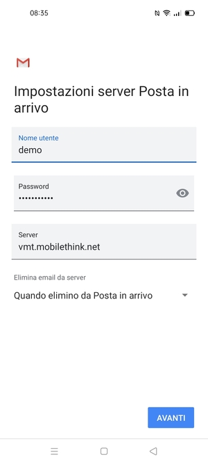 Inserisci Nome utente e l'indirizzo del server di posta in arrivo. Seleziona AVANTI