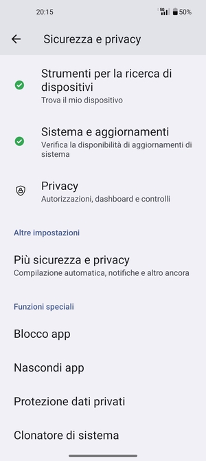 Scorri e seleziona Piú sicurezza e prviacy