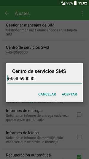 Introduzca el número de Centre de servicios SMS y seleccione ACEPTAR