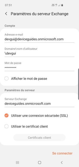 Saisissez votre Nom d'utilisateur et l'adresse du serveur Exchange. Sélectionnez Se connecter