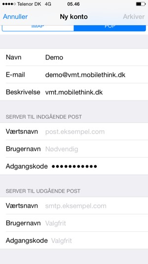Indtast e-mail oplysninger for SERVER TIL UDGÅENDE POST og vælg Arkiver