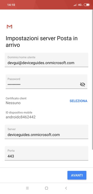Inserisci l'indirizzo del server Exchange e seleziona AVANTI